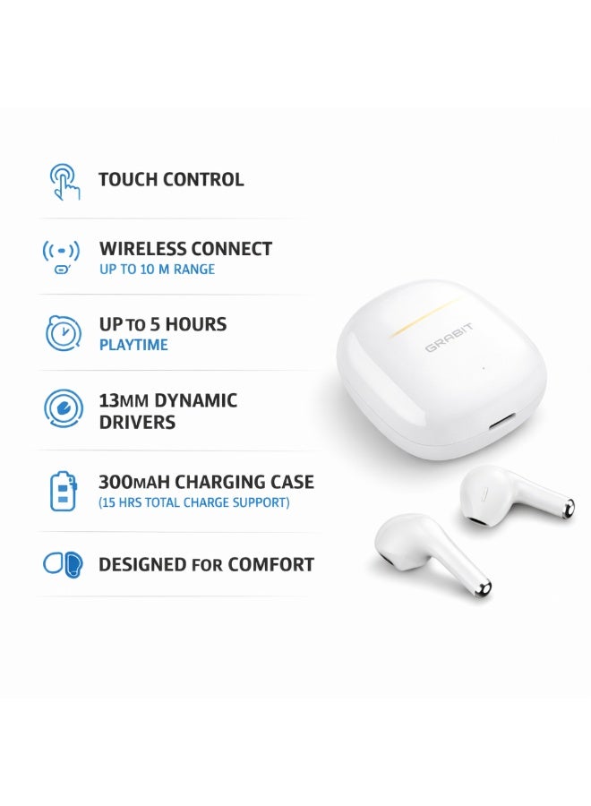GRABIT G-TUNES MINI 2 True Wireless Earbuds (White) with Touch Control, 13mm Dynamic Drivers, Silicone Mic for Clear Calls, Up to 5H Playtime, 300mAh Type-C Charging Case & Comfortable Fit - Image 2